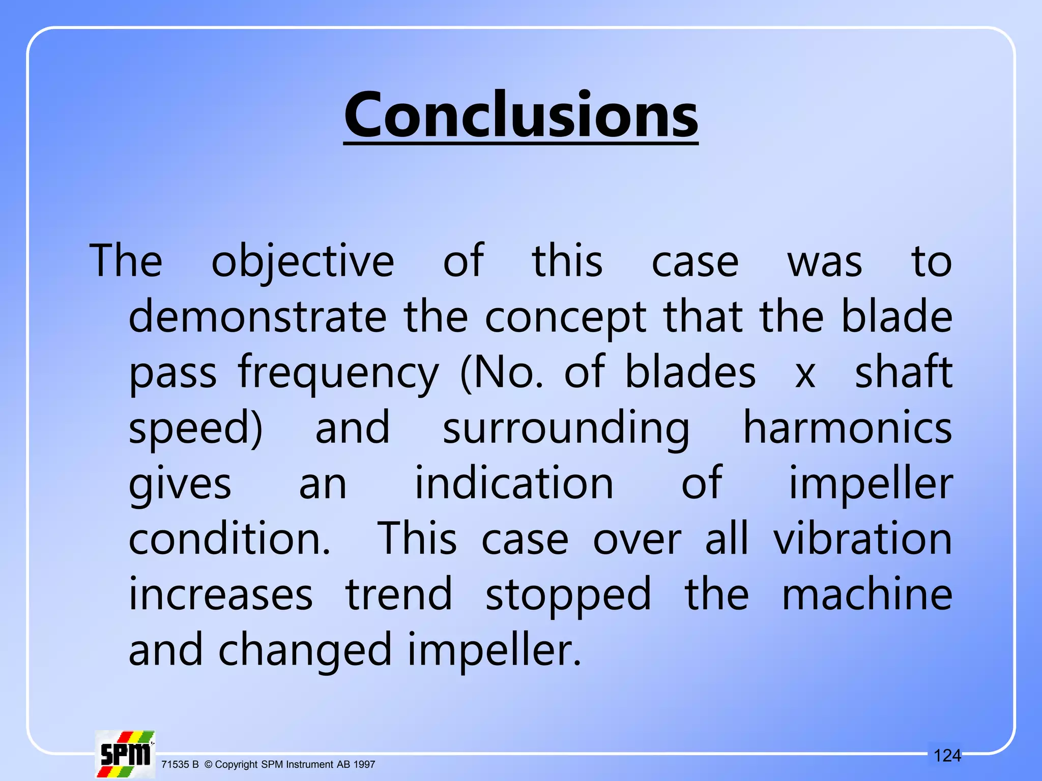 124
71535 B © Copyright SPM Instrument AB 1997
Conclusions
The objective of this case was to
demonstrate the concept that the blade
pass frequency (No. of blades x shaft
speed) and surrounding harmonics
gives an indication of impeller
condition. This case over all vibration
increases trend stopped the machine
and changed impeller.
 
