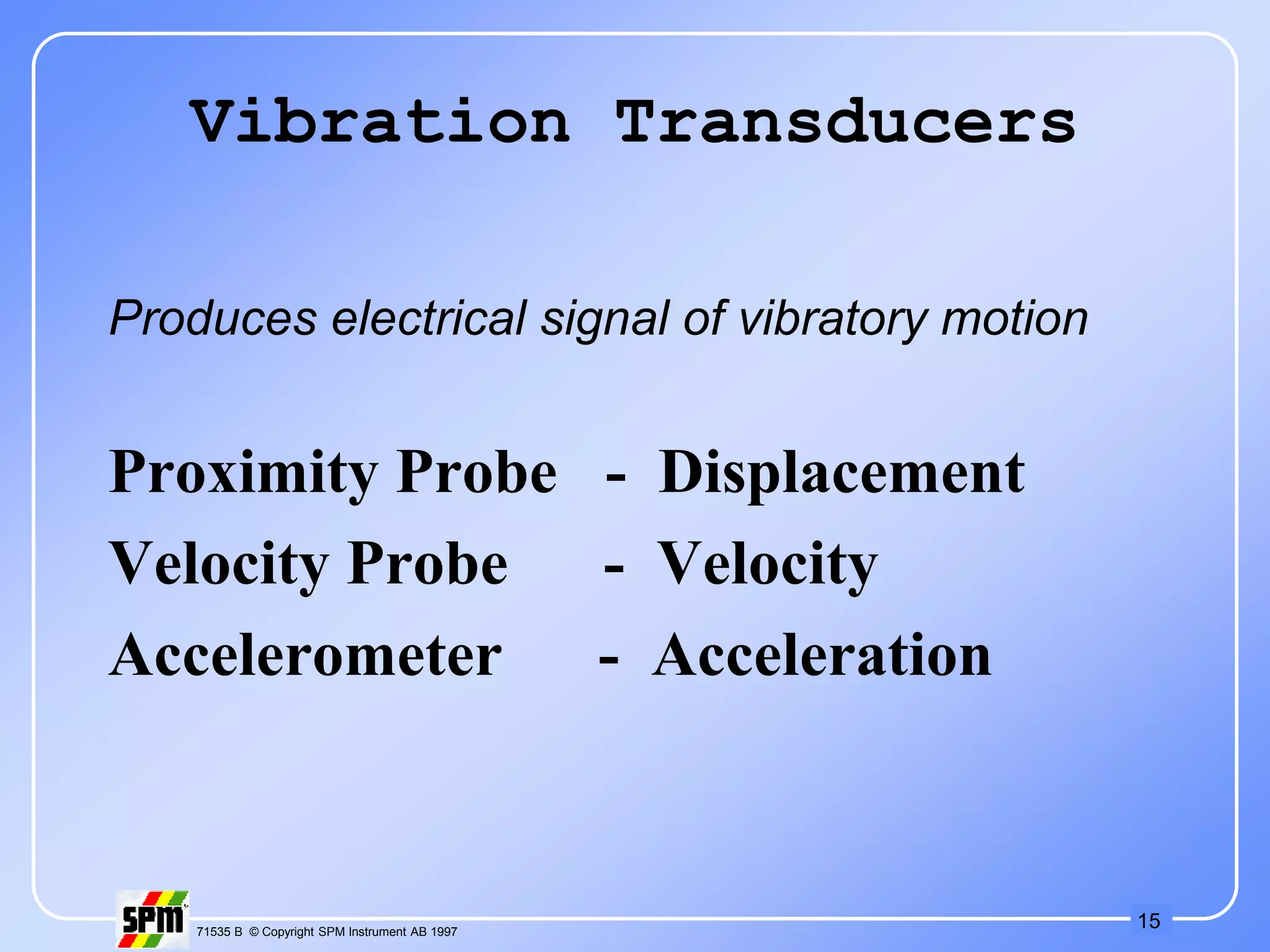 15
71535 B © Copyright SPM Instrument AB 1997
Vibration Transducers
Produces electrical signal of vibratory motion
Proximity Probe - Displacement
Velocity Probe - Velocity
Accelerometer - Acceleration
 