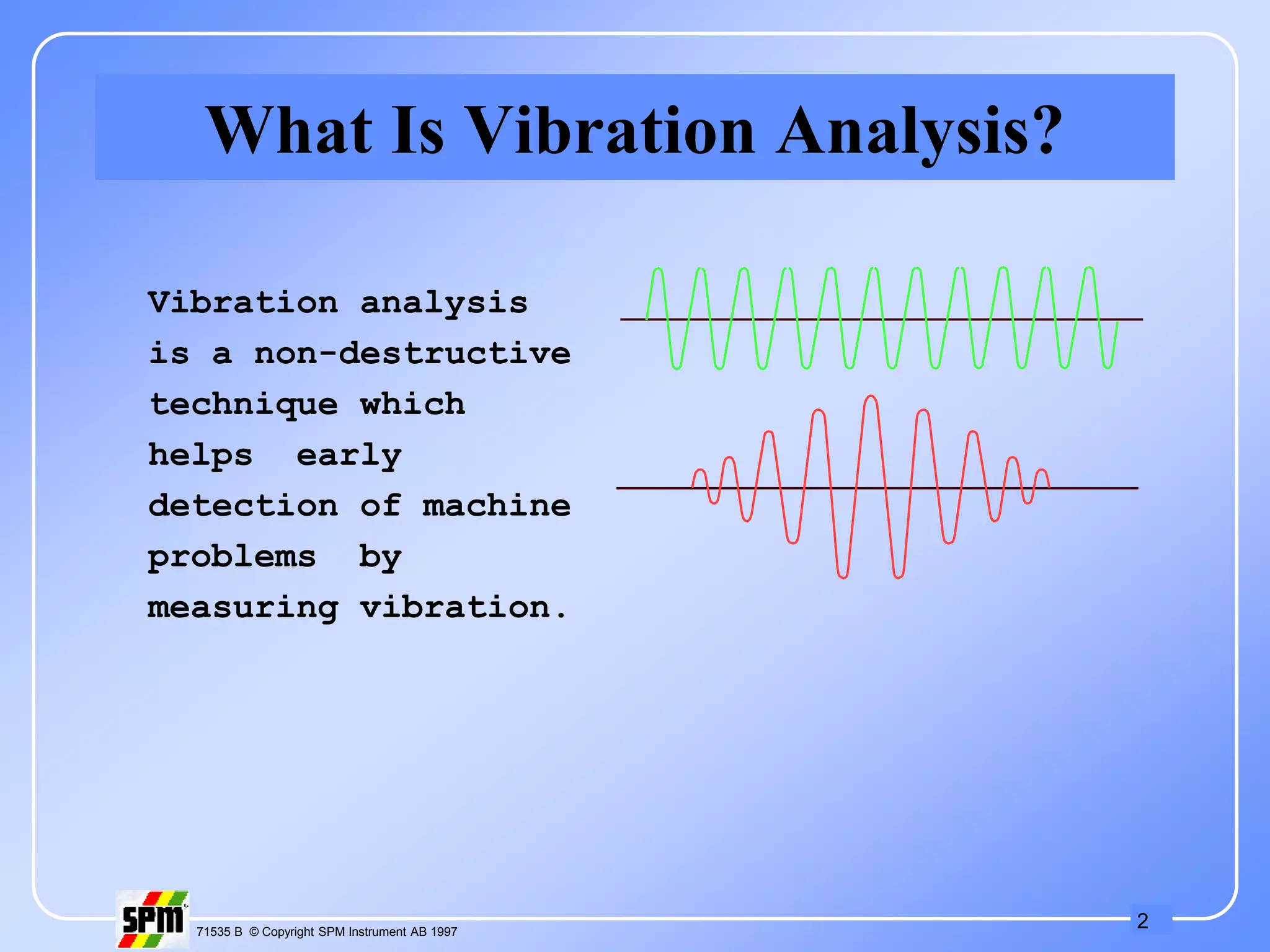2
71535 B © Copyright SPM Instrument AB 1997
What Is Vibration Analysis?
Vibration analysis
is a non-destructive
technique which
helps early
detection of machine
problems by
measuring vibration.
 