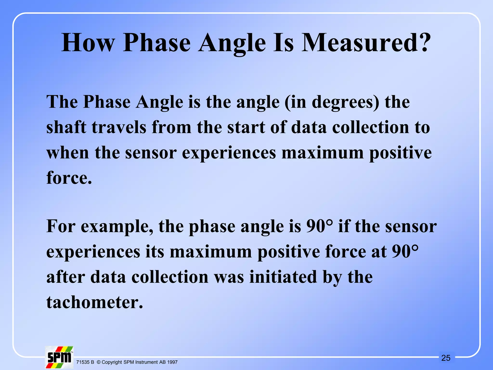 25
71535 B © Copyright SPM Instrument AB 1997
The Phase Angle is the angle (in degrees) the
shaft travels from the start of data collection to
when the sensor experiences maximum positive
force.
For example, the phase angle is 90° if the sensor
experiences its maximum positive force at 90°
after data collection was initiated by the
tachometer.
How Phase Angle Is Measured?
 