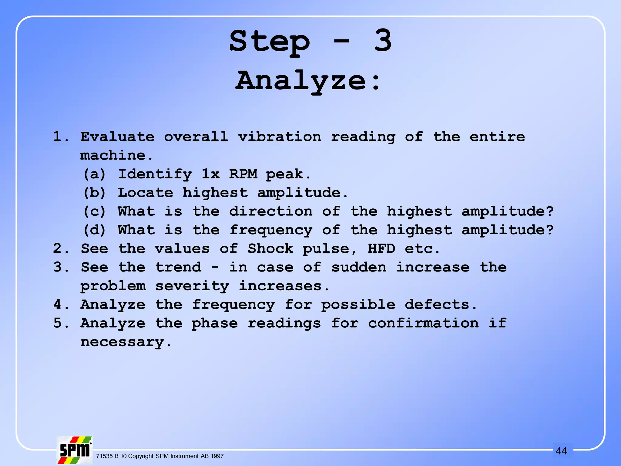 44
71535 B © Copyright SPM Instrument AB 1997
Step - 3
Analyze:
1. Evaluate overall vibration reading of the entire
machine.
(a) Identify 1x RPM peak.
(b) Locate highest amplitude.
(c) What is the direction of the highest amplitude?
(d) What is the frequency of the highest amplitude?
2. See the values of Shock pulse, HFD etc.
3. See the trend - in case of sudden increase the
problem severity increases.
4. Analyze the frequency for possible defects.
5. Analyze the phase readings for confirmation if
necessary.
 