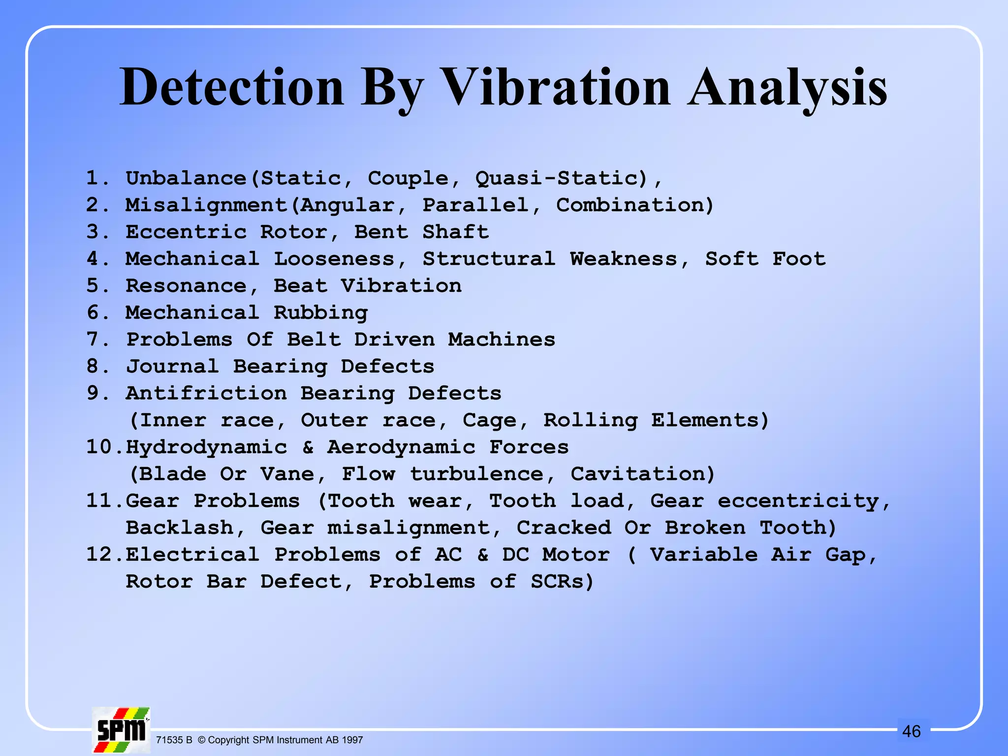 46
71535 B © Copyright SPM Instrument AB 1997
Detection By Vibration Analysis
1. Unbalance(Static, Couple, Quasi-Static),
2. Misalignment(Angular, Parallel, Combination)
3. Eccentric Rotor, Bent Shaft
4. Mechanical Looseness, Structural Weakness, Soft Foot
5. Resonance, Beat Vibration
6. Mechanical Rubbing
7. Problems Of Belt Driven Machines
8. Journal Bearing Defects
9. Antifriction Bearing Defects
(Inner race, Outer race, Cage, Rolling Elements)
10.Hydrodynamic & Aerodynamic Forces
(Blade Or Vane, Flow turbulence, Cavitation)
11.Gear Problems (Tooth wear, Tooth load, Gear eccentricity,
Backlash, Gear misalignment, Cracked Or Broken Tooth)
12.Electrical Problems of AC & DC Motor ( Variable Air Gap,
Rotor Bar Defect, Problems of SCRs)
 