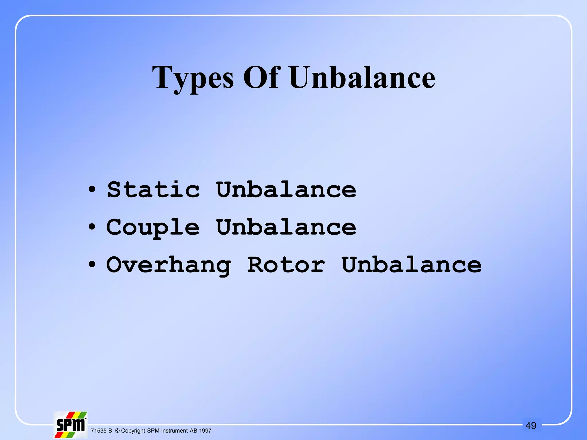 49
71535 B © Copyright SPM Instrument AB 1997
Types Of Unbalance
• Static Unbalance
• Couple Unbalance
• Overhang Rotor Unbalance
 