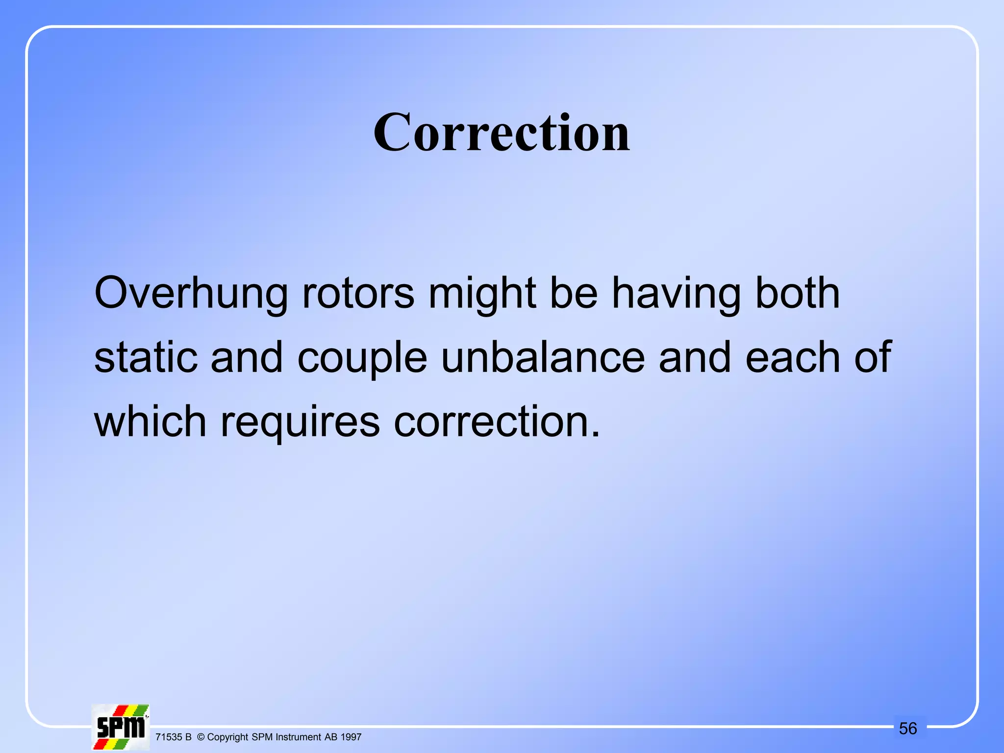 56
71535 B © Copyright SPM Instrument AB 1997
Correction
Overhung rotors might be having both
static and couple unbalance and each of
which requires correction.
 