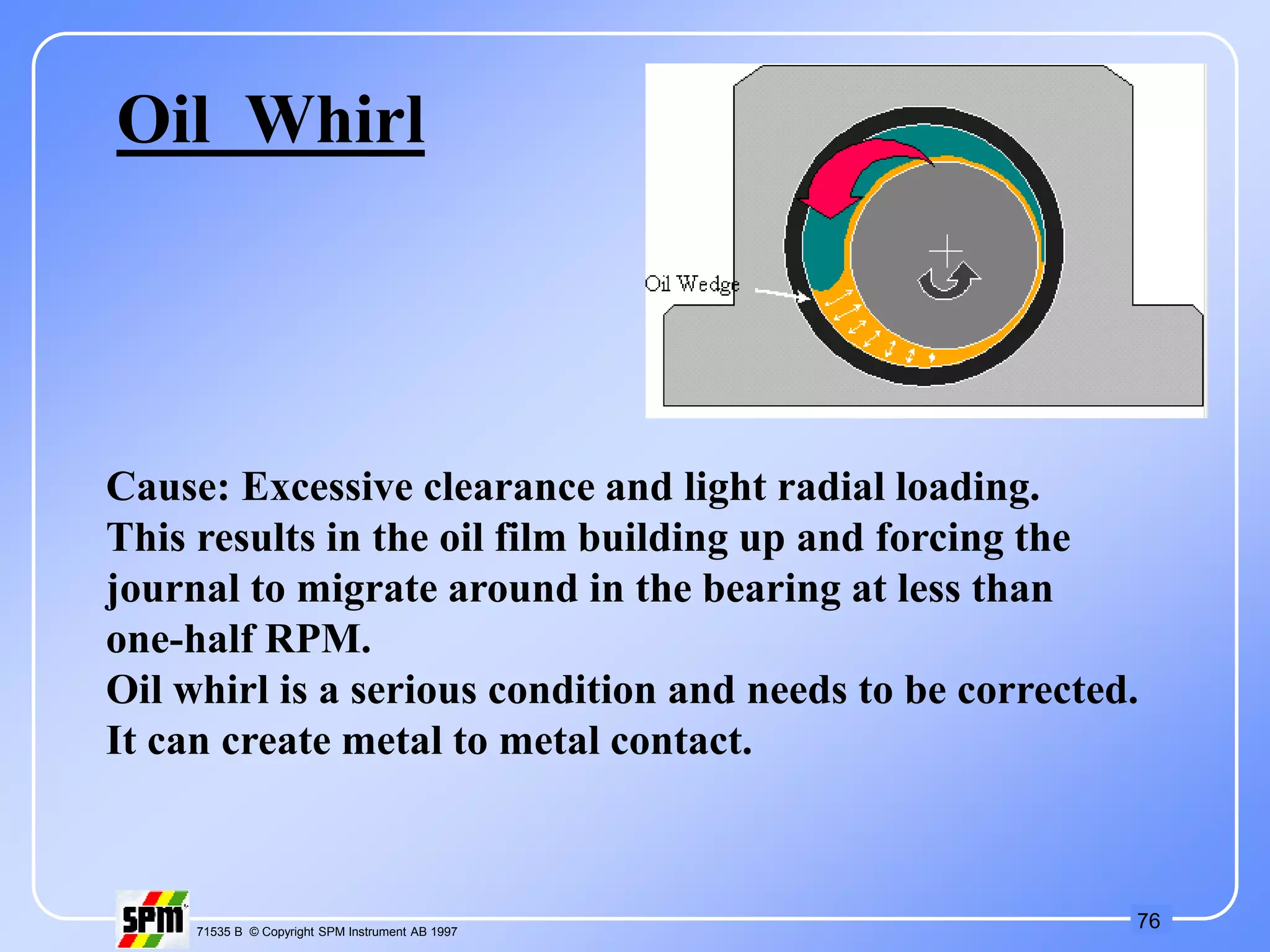 76
71535 B © Copyright SPM Instrument AB 1997
Cause: Excessive clearance and light radial loading.
This results in the oil film building up and forcing the
journal to migrate around in the bearing at less than
one-half RPM.
Oil whirl is a serious condition and needs to be corrected.
It can create metal to metal contact.
Oil Whirl
 