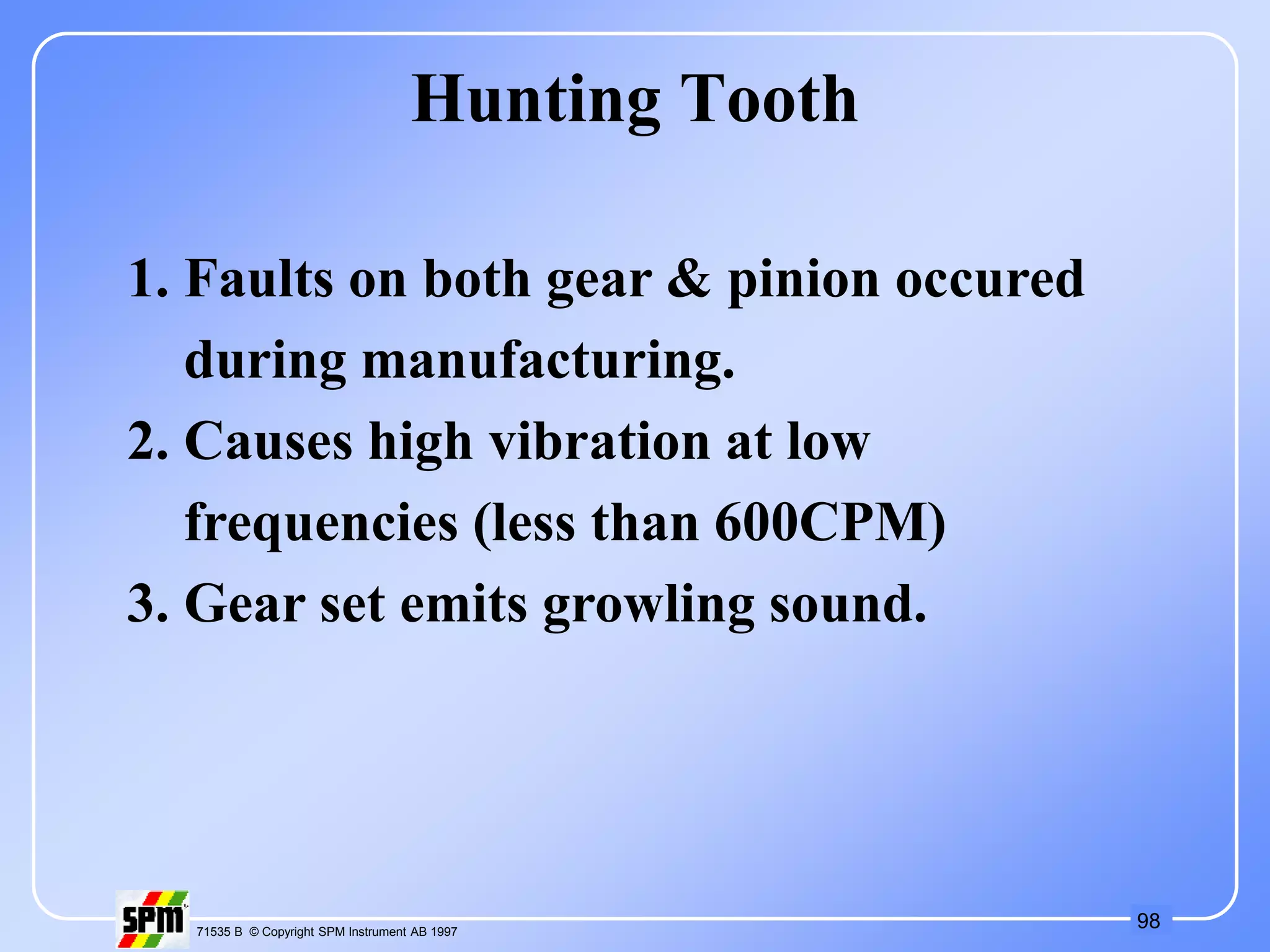 98
71535 B © Copyright SPM Instrument AB 1997
Hunting Tooth
1. Faults on both gear & pinion occured
during manufacturing.
2. Causes high vibration at low
frequencies (less than 600CPM)
3. Gear set emits growling sound.
 