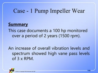 116
71535 B © Copyright SPM Instrument AB 1997
Case - 1 Pump Impeller Wear
Summary
This case documents a 100 hp monitored
over a period of 2 years (1500 rpm).
An increase of overall vibration levels and
spectrum showed high vane pass levels
of 3 x RPM.
 