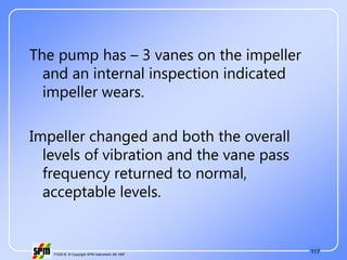 117
71535 B © Copyright SPM Instrument AB 1997
The pump has – 3 vanes on the impeller
and an internal inspection indicated
impeller wears.
Impeller changed and both the overall
levels of vibration and the vane pass
frequency returned to normal,
acceptable levels.
 