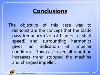 124
71535 B © Copyright SPM Instrument AB 1997
Conclusions
The objective of this case was to
demonstrate the concept that the blade
pass frequency (No. of blades x shaft
speed) and surrounding harmonics
gives an indication of impeller
condition. This case over all vibration
increases trend stopped the machine
and changed impeller.
 