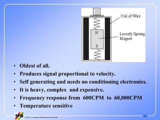 19
71535 B © Copyright SPM Instrument AB 1997
• Oldest of all.
• Produces signal proportional to velocity.
• Self generating and needs no conditioning electronics.
• It is heavy, complex and expensive.
• Frequency response from 600CPM to 60,000CPM
• Temperature sensitive
 