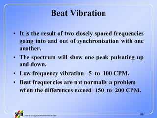 66
71535 B © Copyright SPM Instrument AB 1997
Beat Vibration
• It is the result of two closely spaced frequencies
going into and out of synchronization with one
another.
• The spectrum will show one peak pulsating up
and down.
• Low frequency vibration 5 to 100 CPM.
• Beat frequencies are not normally a problem
when the differences exceed 150 to 200 CPM.
 