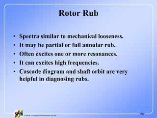 79
71535 B © Copyright SPM Instrument AB 1997
Rotor Rub
• Spectra similar to mechanical looseness.
• It may be partial or full annular rub.
• Often excites one or more resonances.
• It can excites high frequencies.
• Cascade diagram and shaft orbit are very
helpful in diagnosing rubs.
 
