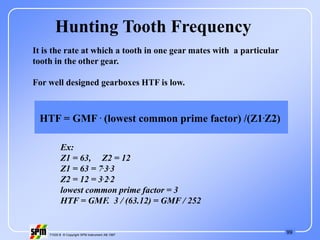 99
71535 B © Copyright SPM Instrument AB 1997
Hunting Tooth Frequency
It is the rate at which a tooth in one gear mates with a particular
tooth in the other gear.
For well designed gearboxes HTF is low.
HTF = GMF . (lowest common prime factor) /(Z1.Z2)
Ex:
Z1 = 63, Z2 = 12
Z1 = 63 = 7.3.3
Z2 = 12 = 3.2.2
lowest common prime factor = 3
HTF = GMF. 3 / (63.12) = GMF / 252
 