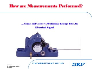 B
a
s
ic
V
ib
r
a
t
io
nA
n
a
l
y
s
is
– I
n
d
o
n
e
s
ia
SKF Reliability Systems – Indonesia
Jaka Rusdianto
Slide 12
15-07-08 ©SKF
How are Measurements Performed?
Sensors ... Sense and Convert Mechanical Energy Into An
Electrical Signal
 