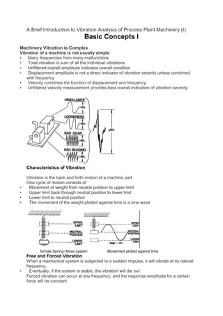 A Brief Introduction to Vibration Analysis of Process Plant Machinery (I)

Basic Concepts I
Machinery Vibration is Complex
Vibration of a machine is not usually simple
•
Many frequencies from many malfunctions
•
Total vibration is sum of all the individual vibrations
•
Unfiltered overall amplitude indicates overall condition
•
Displacement amplitude is not a direct indicator of vibration severity unless combined
with frequency
•
Velocity combines the function of displacement and frequency
•
Unfiltered velocity measurement provides best overall indication of vibration severity

Characteristics of Vibration

•
•
•
•

Vibration is the back and forth motion of a machine part
One cycle of motion consists of
Movement of weight from neutral position to upper limit
Upper limit back through neutral position to lower limit
Lower limit to neutral position
The movement of the weight plotted against time is a sine wave

Simple Spring- Mass system

•

Movement plotted against time

Free and Forced Vibration
When a mechanical system is subjected to a sudden impulse, it will vibrate at its natural
frequency.
Eventually, if the system is stable, the vibration will die out
Forced vibration can occur at any frequency, and the response amplitude for a certain
force will be constant

 