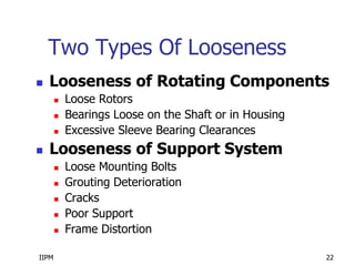 IIPM 22
Two Types Of Looseness
 Looseness of Rotating Components
 Loose Rotors
 Bearings Loose on the Shaft or in Housing
 Excessive Sleeve Bearing Clearances
 Looseness of Support System
 Loose Mounting Bolts
 Grouting Deterioration
 Cracks
 Poor Support
 Frame Distortion
 
