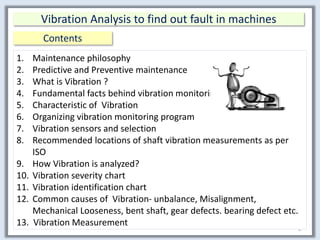 Contents
Vibration Analysis to find out fault in machines
1
1. Maintenance philosophy
2. Predictive and Preventive maintenance
3. What is Vibration ?
4. Fundamental facts behind vibration monitoring
5. Characteristic of Vibration
6. Organizing vibration monitoring program
7. Vibration sensors and selection
8. Recommended locations of shaft vibration measurements as per
ISO
9. How Vibration is analyzed?
10. Vibration severity chart
11. Vibration identification chart
12. Common causes of Vibration- unbalance, Misalignment,
Mechanical Looseness, bent shaft, gear defects. bearing defect etc.
13. Vibration Measurement
 