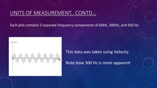 UNITS OF MEASUREMENT.. CONTD…
Each plot contains 3 separate frequency components of 60Hz, 300Hz, and 950 Hz.
This data was taken using Velocity
Note how 300 Hz is more apparent
 
