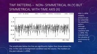 TWF PATTERNS – NON– SYMMETRICAL IN (Y) BUT
SYMMETRICAL WITH TIME AXIS (X)
The amplitudes below the line are significantly higher than those above the
line. In this case a misalignment condition was the source. The markers on
the plot indicate 1 x RPM.
With 1 x RPM
markers
present it can
be noted that
the waveform
pattern
although
complex is
repetitive with
1 x RPM. This
indicates that
the vibration is
synchronous to
RPM.
 