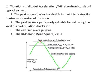  Vibration amplitude/ Acceleration / Vibration level consists 4
type of values :
1. The peak-to-peak value is valuable in that it indicates the
maximum excursion of the wave,
2. The peak value is particularly valuable for indicating the
level of short duration shocks etc.
3. The rectified average value.
4. The RMS(Root Mean Square) value.
 