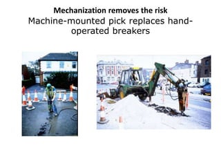 Mechanization removes the risk
Machine-mounted pick replaces hand-
operated breakers
 