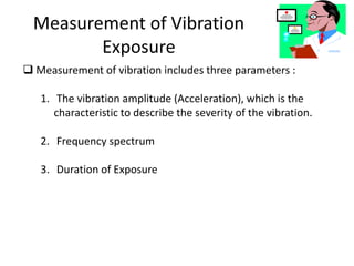 Measurement of Vibration
Exposure
 Measurement of vibration includes three parameters :
1. The vibration amplitude (Acceleration), which is the
characteristic to describe the severity of the vibration.
2. Frequency spectrum
3. Duration of Exposure
 