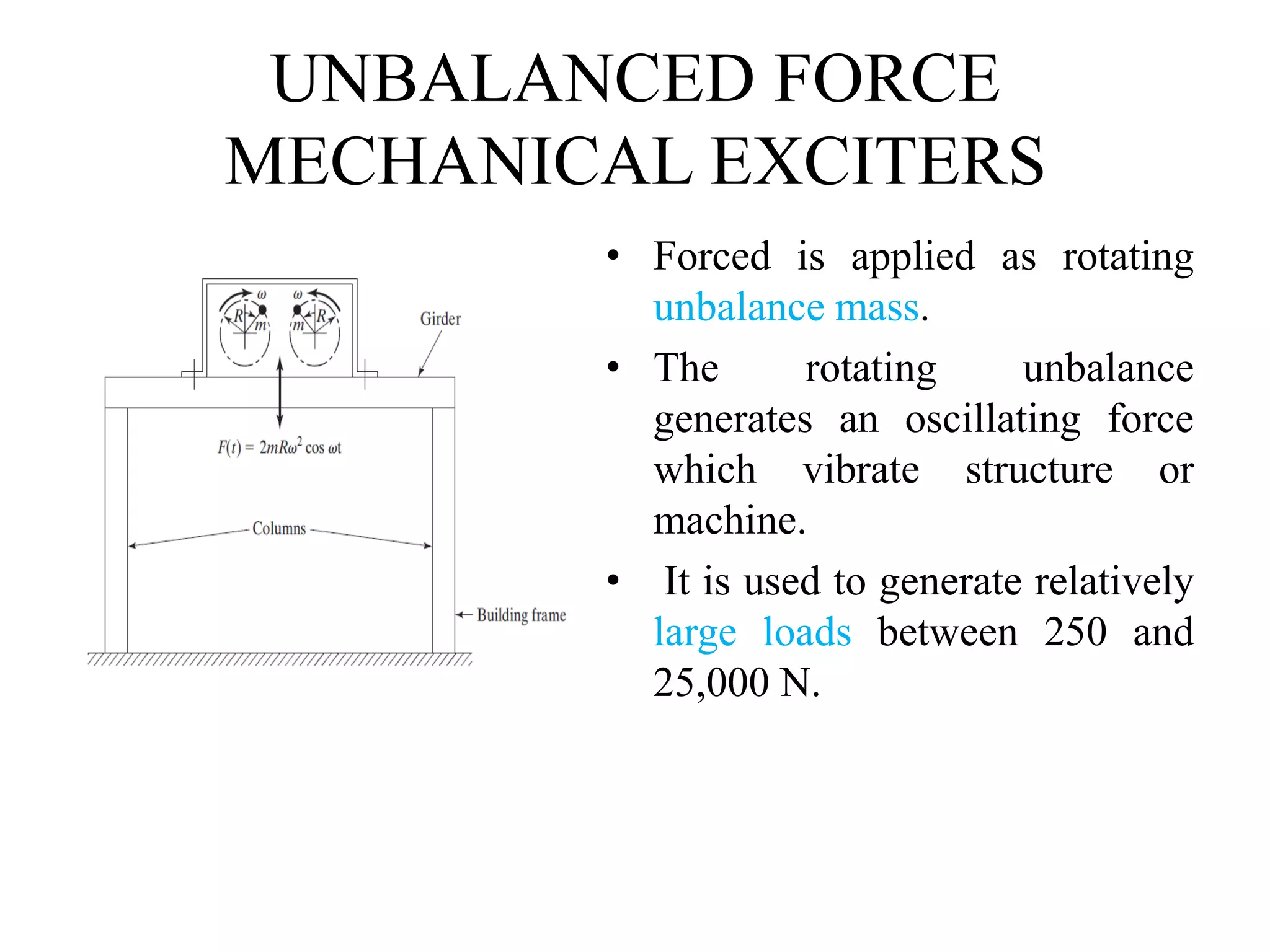 UNBALANCED FORCE
MECHANICAL EXCITERS
• Forced is applied as rotating
unbalance mass.
• The rotating unbalance
generates an oscillating force
which vibrate structure or
machine.
• It is used to generate relatively
large loads between 250 and
25,000 N.
 