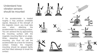 If the accelerometer is treated
roughly it may produce unreliable
signals. Because of the strength of
the magnetic mount, you must take
care when attaching the
accelerometer to a mounting surface.
You can achieve this by approaching
the mounting surface with the
magnetic mounting tilted at an angle.
When detaching the magnetic
mounting, you must not use the
accelerometer as a lever for breaking
contact. Instead, the magnetic
mounting should be gripped tightly
and then tilted sideways to break the
contact.
Understand how
vibration sensors
should be mounted
 