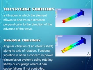TRANSVERSE VIBRATIONTRANSVERSE VIBRATION
a vibration in which the element
moves to and fro in a direction
perpendicular to the direction of the
advance of the wave.
TORSIONAL VIBRATIONSTORSIONAL VIBRATIONS
Angular vibration of an object (shaft)
along its axis of rotation. Torsional
vibration is often a concern in power
transmission systems using rotating
shafts or couplings where it can
cause failures if not controlled.
13
 