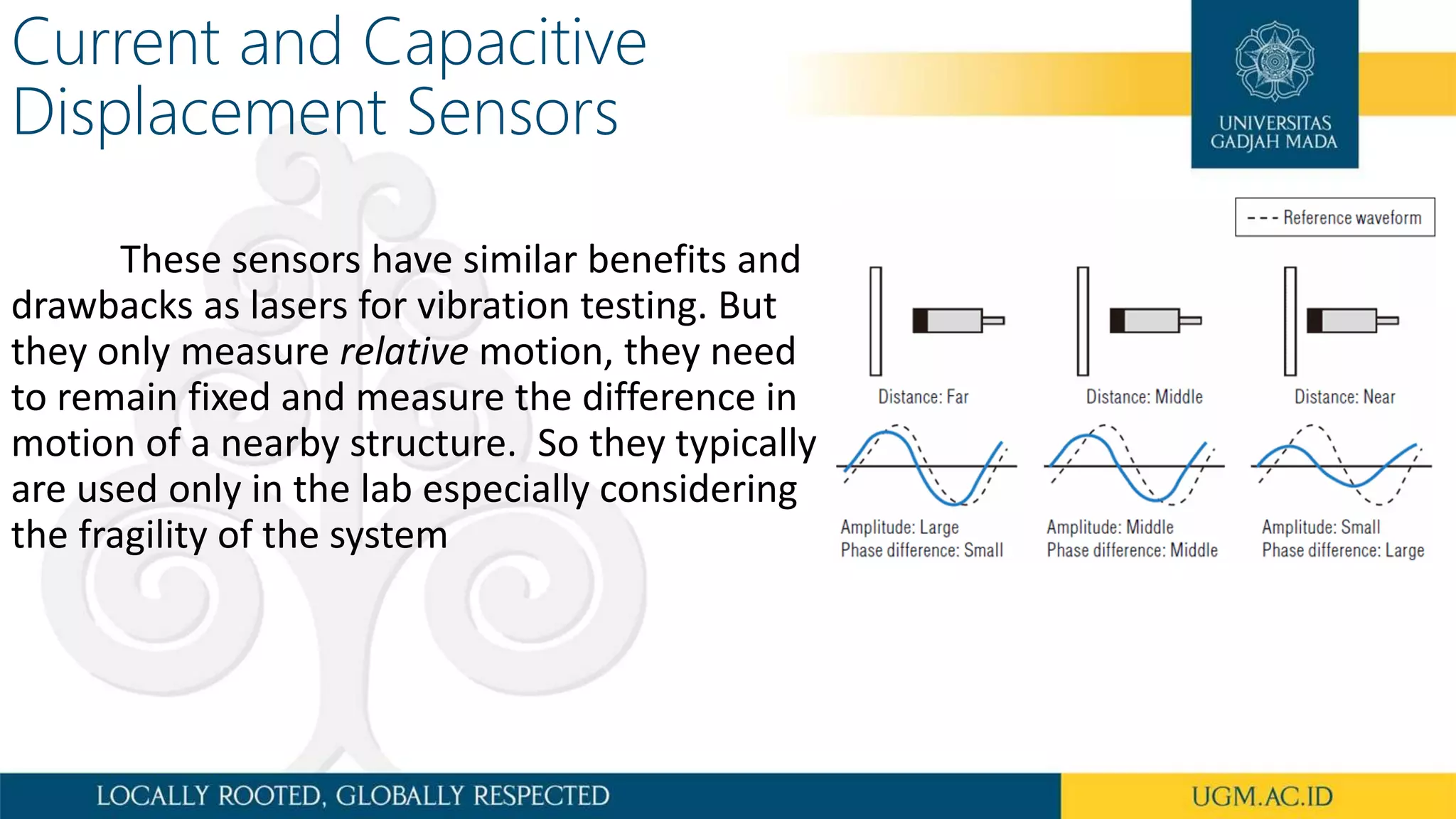 Current and Capacitive
Displacement Sensors
These sensors have similar benefits and
drawbacks as lasers for vibration testing. But
they only measure relative motion, they need
to remain fixed and measure the difference in
motion of a nearby structure. So they typically
are used only in the lab especially considering
the fragility of the system
 