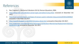 References
1. Rao, Singiresu S., Mechanical Vibrations-5th Ed, Pearson Educations, 2004.
2. https://blog.mide.com/vibration-sensor-types-and-where-to-buy-them accessed on December 3rd
2017.
3. http://instrumentationtools.com/types-of-sensors-used-in-vibration-measurement/#.WiSnxlWWbIX
accessed on December 3rd 2017.
4. http://awan05.blogspot.co.id/2009/12/analisa-vibrasi.html accessed on December 3th 2017.
5. http://slideplayer.com/slide/5678352/18/images/13/Vibration+Monitoring+Displacement+Velocity+
Acceleration.jpg accessed on December 3th 2017.
 