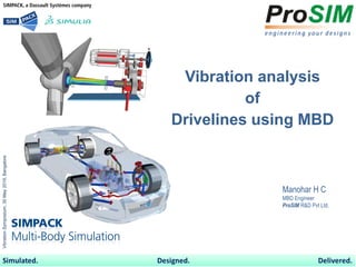 Vibration analysis
of
Drivelines using MBD
VibrationSymposium.30May2016,Bangalore
Manohar H C
MBD Engineer
ProSIM R&D Pvt Ltd,
 