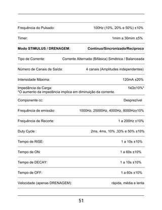51
Frequência do Pulsado: 100Hz (10%, 20% e 50%) ±10%
Timer: 1mim a 30mim ±5%
Modo STIMULUS / DRENAGEM: Contínuo/Sincronizado/Recíproco
Tipo de Corrente: Corrente Alternada (Bifásica) Simétrica / Balanceada
Número de Canais de Saída: 4 canais (Amplitudes independentes)
Intensidade Máxima: 120mA ±20%
Impedância da Carga: 1kΩ±10%*
*O aumento da impedância implica em diminuição da corrente.
Componente cc: Desprezível
Frequência de emissão: 1000Hz, 25000Hz, 4000Hz, 8000Hz±10%
Frequência de Recorte: 1 a 200Hz ±10%
Duty Cycle : 2ms, 4ms, 10% ,33% e 50% ±10%
Tempo de RISE: 1 a 10s ±10%
Tempo de ON: 1 a 60s ±10%
Tempo de DECAY: 1 a 10s ±10%
Tempo de OFF: 1 a 60s ±10%
Velocidade (apenas DRENAGEM): rápida, média e lenta
 