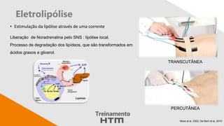 Eletrolipólise
• Estimulação da lipólise através de uma corrente
Liberação de Noradrenalina pelo SNS : lipólise local.
Processo de degradação dos lipídeos, que são transformados em
ácidos graxos e glicerol.
Miwa et al, 2002; De-Bem et al, 2010.
TRANSCUTÂNEA
PERCUTÂNEA
 