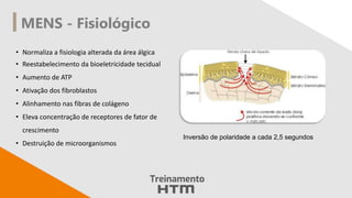 MENS - Fisiológico
• Normaliza a fisiologia alterada da área álgica
• Reestabelecimento da bioeletricidade tecidual
• Aumento de ATP
• Ativação dos fibroblastos
• Alinhamento nas fibras de colágeno
• Eleva concentração de receptores de fator de
crescimento
• Destruição de microorganismos
Inversão de polaridade a cada 2,5 segundos
 