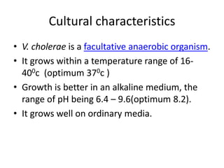 Cultural characteristics
• V. cholerae is a facultative anaerobic organism.
• It grows within a temperature range of 16-
400c (optimum 370c )
• Growth is better in an alkaline medium, the
range of pH being 6.4 – 9.6(optimum 8.2).
• It grows well on ordinary media.
 