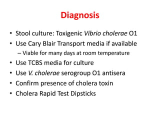 Diagnosis
• Stool culture: Toxigenic Vibrio cholerae O1
• Use Cary Blair Transport media if available
– Viable for many days at room temperature
• Use TCBS media for culture
• Use V. cholerae serogroup O1 antisera
• Confirm presence of cholera toxin
• Cholera Rapid Test Dipsticks
 