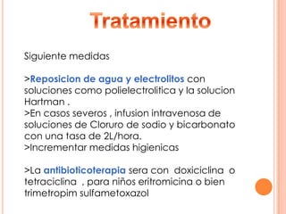 Siguiente medidas
>Reposicion de agua y electrolitos con
soluciones como polielectrolitica y la solucion
Hartman .
>En casos severos , infusion intravenosa de
soluciones de Cloruro de sodio y bicarbonato
con una tasa de 2L/hora.
>Incrementar medidas higienicas
>La antibioticoterapia sera con doxiciclina o
tetraciclina , para niños eritromicina o bien
trimetropim sulfametoxazol
 