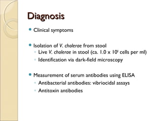 Diagnosis
 Clinical   symptoms

 Isolation of V. cholerae from stool
  ◦ Live V. cholerae in stool (ca. 1.0 x 108 cells per ml)
  ◦ Identification via dark-field microscopy

 Measurement   of serum antibodies using ELISA
  ◦ Antibacterial antibodies: vibriocidal assays
  ◦ Antitoxin antibodies
 