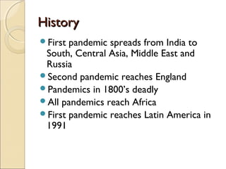 History
First pandemic spreads from India to
 South, Central Asia, Middle East and
 Russia
Second pandemic reaches England
Pandemics in 1800’s deadly
All pandemics reach Africa
First pandemic reaches Latin America in
 1991
 