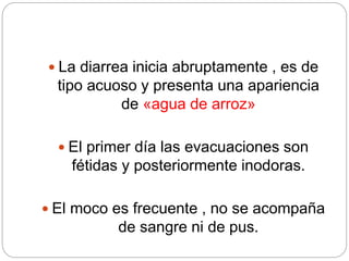  La diarrea inicia abruptamente , es de
tipo acuoso y presenta una apariencia
de «agua de arroz»
 El primer día las evacuaciones son
fétidas y posteriormente inodoras.
 El moco es frecuente , no se acompaña
de sangre ni de pus.
 