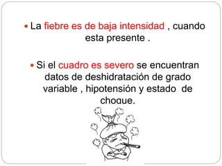  La fiebre es de baja intensidad , cuando
esta presente .
 Si el cuadro es severo se encuentran
datos de deshidratación de grado
variable , hipotensión y estado de
choque.
 