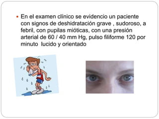  En el examen clínico se evidencio un paciente
con signos de deshidratación grave , sudoroso, a
febril, con pupilas mióticas, con una presión
arterial de 60 / 40 mm Hg, pulso filiforme 120 por
minuto lucido y orientado
 