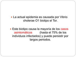  La actual epidemia es causada por Vibrio
cholerae O1 biotipo el Tor.
 Este biotipo causa la mayoría de los casos
asintomáticos (hasta el 75% de los
individuos infectados) y puede persistir por
largos periodos.
 