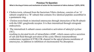 Previous TU Question
What is the drug of choice and mechanism of action for the treatment of vibrio cholerae ? (2076, 2074)
• Cholera toxin, released from the bacterium Vibrio cholerae, consists of an ‘A’
subunit coupled to a ‘B’ subunit that contains five identical peptides assembled in
a pentameric ring.
• Cholera toxin binds to intestinal enterocytes through interaction of the B subunit
with the GM1 ganglioside receptor. It is then internalized through retrograde
endocytosis.
• The internalized A subunit causes constitutive activation of adenylyl cyclase
(AC),
resulting in elevated levels of intracellular cAMP , which causes active secretion
of salt and fluid through activation of the cystic fibrosis transmembrane
conductance regulator (CFTR) ClK channel in the apical plasma membrane of
enterocytes, in addition to inhibition of electroneutral Na absorption .
 