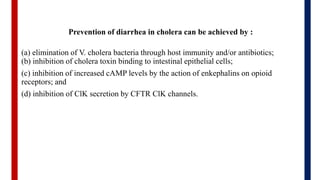 Prevention of diarrhea in cholera can be achieved by :
(a) elimination of V. cholera bacteria through host immunity and/or antibiotics;
(b) inhibition of cholera toxin binding to intestinal epithelial cells;
(c) inhibition of increased cAMP levels by the action of enkephalins on opioid
receptors; and
(d) inhibition of ClK secretion by CFTR ClK channels.
 