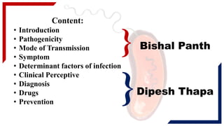 Content:
• Introduction
• Pathogenicity
• Mode of Transmission
• Symptom
• Determinant factors of infection
• Clinical Perceptive
• Diagnosis
• Drugs
• Prevention
}
}
Bishal Panth
Dipesh Thapa
 