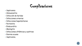 Complicaciones
 Septicemia
 Osteomielitis
 Infección de heridas
 Infecciones urinarias
 Infecciones hepatobiliares
 Peritonitis
 Endocarditis
 Meningitis
 Infecciones oftálmicas y auditivas
 Diarrea acuosa
 Septicemia.
 