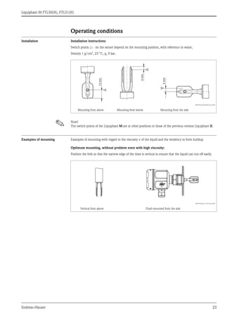 Liquiphant M FTL50(H), FTL51(H)
Endress+Hauser 23
Operating conditions
Installation Installation instructions
! Note!
The switch points of the Liquiphant M are at other positions to those of the previous version Liquiphant II.
Examples of mounting Examples of mounting with regard to the viscosity ν of the liquid and the tendency to form buildup
Optimum mounting, without problem even with high viscosity:
Switch points on the sensor depend on the mounting position, with reference to water,
Density 1 g/cm3
, 23 °C, pe 0 bar.
L00-FTL5xxxx-06-05-xx-xx-001
Mounting from above Mounting from below Mounting from the side
13mm
4mm
4mm
Position the fork so that the narrow edge of the tines is vertical to ensure that the liquid can run off easily.
L00-FTL5xxxx-11-05-xx-xx-001
Vertical from above Flush-mounted from the side
 