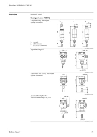 Liquiphant M FTL50(H), FTL51(H)
Endress+Hauser 29
Dimensions Dimensions in mm!
Housing and sensor FTL50(H)
Compact housing, primarily for
hygiene applications
1. 5 m cable
2. M12 connector
3. Pg11/NPT ½ connector
L00-FTL5xxxx-06-05-xx-xx-085
Polyester housing F16
L00-FTL5xxxx-06-05-xx-xx-004
F15 stainless steel housing primarily for
hygiene applications
L00-FTL5xxxx-06-05-xx-xx-005
Aluminum housing F17/F13
Stainless steel housing (316L) F27
L00-FTL5xxxx-06-05-xx-xx-006
ø40 ø40
133
30
40
141
ø40
166
*
1. 2. 3.
*
*
*
ø85 max. 76
17.5
max.40.7
max.155
*
ø76 max. 64
max.150
~25
*
ø80 max. 60
max. 69
max.173
10
ø21.5
 